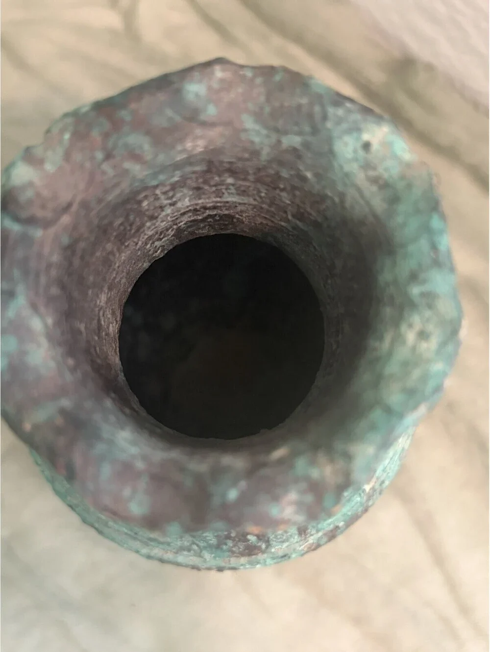 Vintage Chinese Ceramic Hu-Form Vase – 4.5” Faux Bronze Verdigris